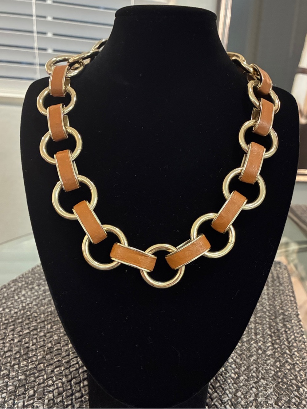 Stylish Gold Chain Necklace with Tan Leather Inlay - Women Jewelry